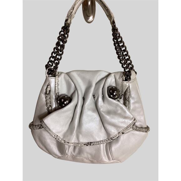 Betsey Johnson Women Handbag  Cream  EUC Hobo  Gunmetal top  Bauble detail - Picture 1 of 11